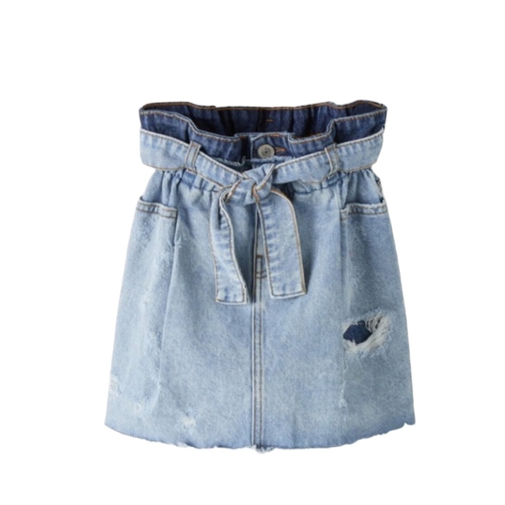 Zara Girl's Paper Bag Denim Skirt Size 7 Distressed Blue Denim